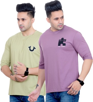 RosyRains Printed Men Round Neck Pink T-Shirt