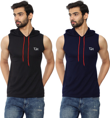 TQH Solid Men Round Neck Dark Blue, Black T-Shirt