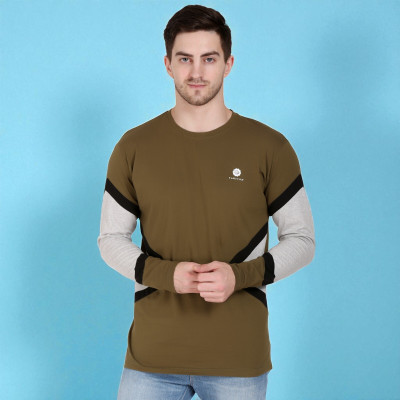 FARICON Colorblock Men Round Neck Brown T-Shirt