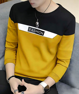 Autna Printed Men Round Neck Yellow, Black T-Shirt