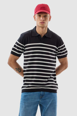 Snitch Striped Men Polo Neck Black T-Shirt