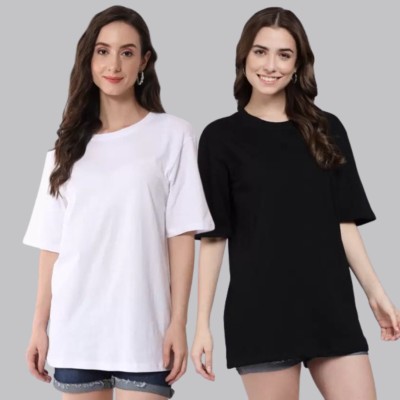 Lasmo Solid Women Round Neck Black, White T-Shirt