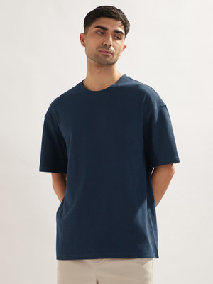 NOBERO Solid Men Crew Neck Dark Blue T-Shirt