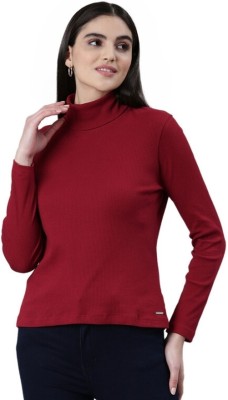 TWIN BIRDS Solid Women Turtle Neck Red T-Shirt