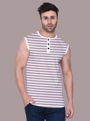 Lawful Casual Striped Men Henley Neck Beige, White T-Shirt