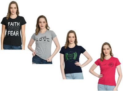 IndiWeaves Printed Women Round Neck Silver, Navy Blue, Brown T-Shirt