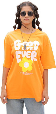 BLOOPERS Printed Women Round Neck Orange T-Shirt