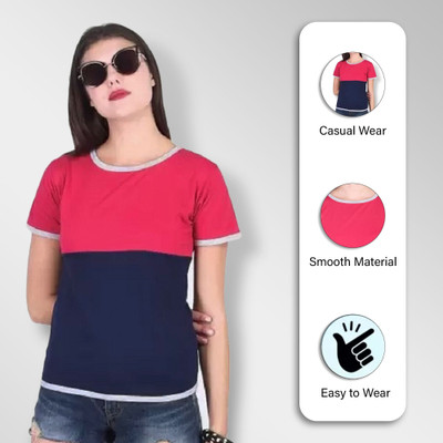 RYTE STYLE Colorblock Women Round Neck Pink, Navy Blue T-Shirt