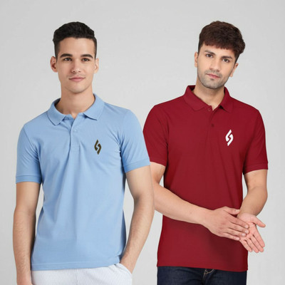 cnw Solid Men Polo Neck Light Blue, Maroon T-Shirt