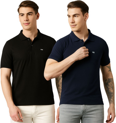 BLENDIX Solid Men Polo Neck Dark Blue, Black T-Shirt
