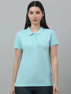 CANTABIL Solid Women Polo Neck Blue T-Shirt
