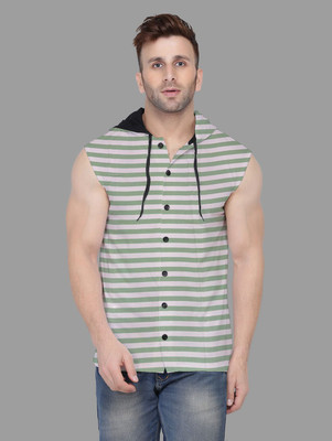GEUM Striped Men Hooded Neck Green T-Shirt