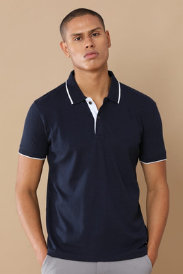 Republic Solid Men Polo Neck Navy Blue T-Shirt