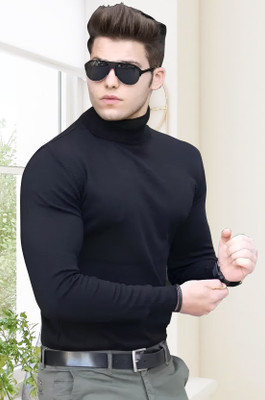 Oosh Solid Men High Neck Black T-Shirt
