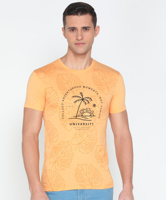 Peter England University Printed Men Round Neck Yellow T-Shirt