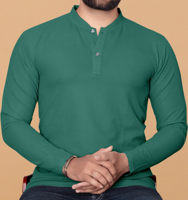 KAJARU Solid Men Mandarin Collar Dark Green T-Shirt