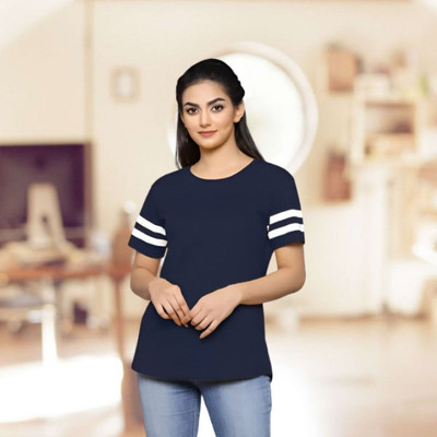 RYTE STYLE Solid Women Round Neck Dark Blue T-Shirt