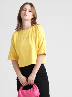 ONLY Solid Women Round Neck Yellow T-Shirt