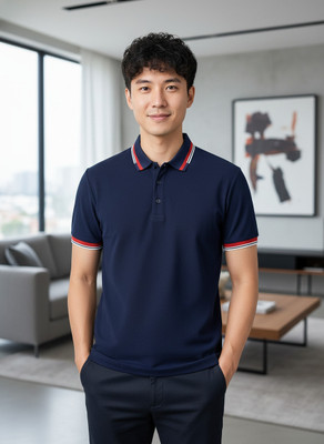 KRM Solid Men Polo Neck Blue T-Shirt