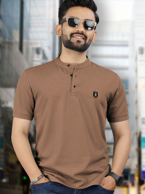 VeBNoR Solid Men Mandarin Collar Brown T-Shirt
