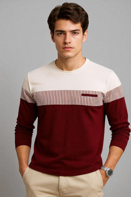 Autna Colorblock Men Round Neck Maroon, White T-Shirt