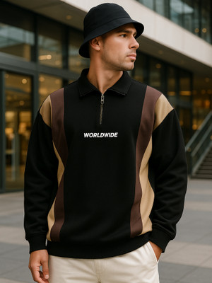 Jump Cuts Printed Men Polo Neck Black, Beige T-Shirt