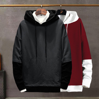 Try This Printed Men Hooded Neck Maroon, Grey T-Shirt