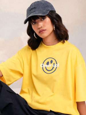 Tokyo Talkies Printed Women Round Neck Yellow T-Shirt