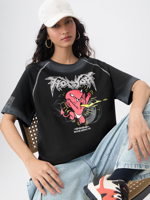 The Souled Store Cartoon Women Round Neck Black T-Shirt