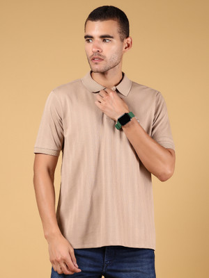 V-MART Solid Men Polo Neck Beige T-Shirt
