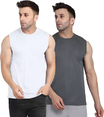 Think Tech Solid Men Round Neck White, Grey T-Shirt
