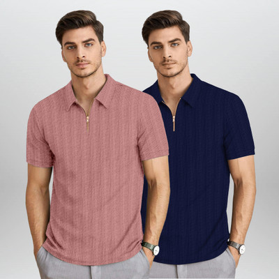BROWEARS Self Design Men Zip Neck Pink, Blue T-Shirt