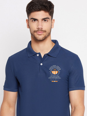 SZN Printed Men Polo Neck Navy Blue T-Shirt
