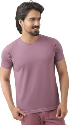 dloak Solid Men Stylised Neck Pink T-Shirt