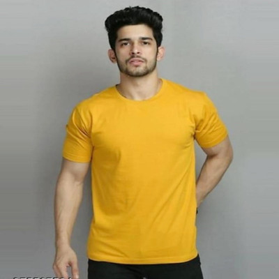 TARSHI Solid Men Round Neck Yellow T-Shirt