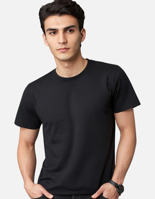 ANGMAN Solid Men Round Neck Black T-Shirt