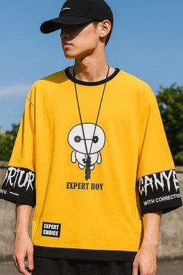 cnw Graphic Print Men Round Neck Yellow T-Shirt