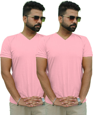 Mr Lierr Solid Men V Neck Pink T-Shirt