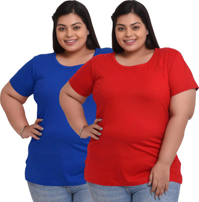 Elite soul Solid Women Round Neck Blue, Red T-Shirt