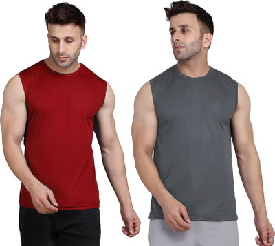 UDI n ADI Solid Men Round Neck Maroon, Grey T-Shirt
