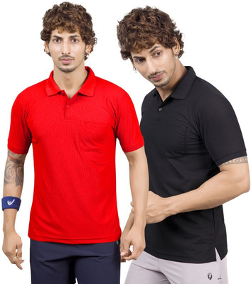 m2hit Solid Men Round Neck Red, Black T-Shirt