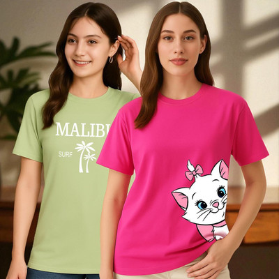 Elvia Printed Women Round Neck Red, Light Green T-Shirt