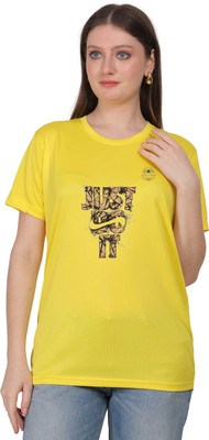 SOLBLOOMS Printed Women Round Neck Yellow T-Shirt