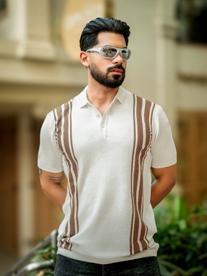 MANIAC Striped Men Polo Neck White T-Shirt