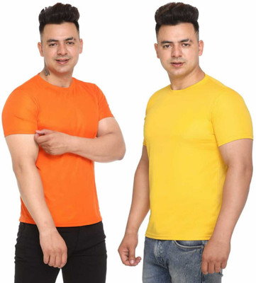 Blood Moon Solid Men Round Neck Orange, Yellow T-Shirt