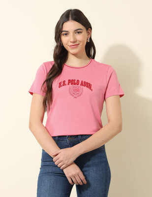 U.S. POLO ASSN. Printed Women Crew Neck Pink T-Shirt