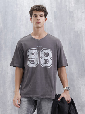 WROGN Printed Men V Neck Grey T-Shirt