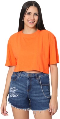 Besick Solid Women Round Neck Orange T-Shirt