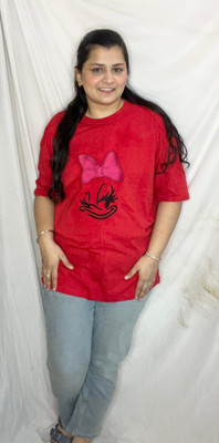 AKAZA BY TANHIT Cartoon, Embroidered Women Round Neck Red T-Shirt