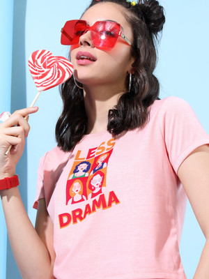 Tokyo Talkies Printed Women Round Neck Pink T-Shirt